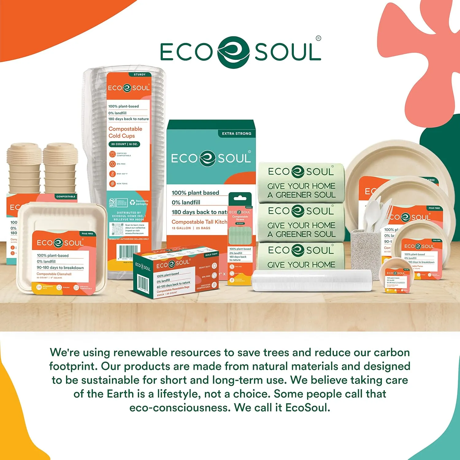 ECO SOUL 100% Compostable Sandwich Bags [100 Counts][7.25"x6"] Resealable Bags for Food, Freezer, Eco-friendly Zip, Reusable Biodegradable