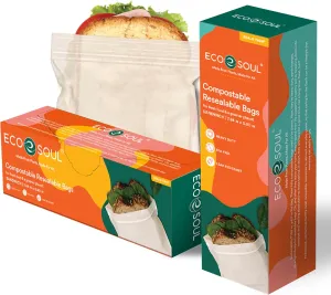 ECO SOUL 100% Compostable Sandwich Bags [100 Counts][7.25"x6"] Resealable Bags for Food, Freezer, Eco-friendly Zip, Reusable Biodegradable