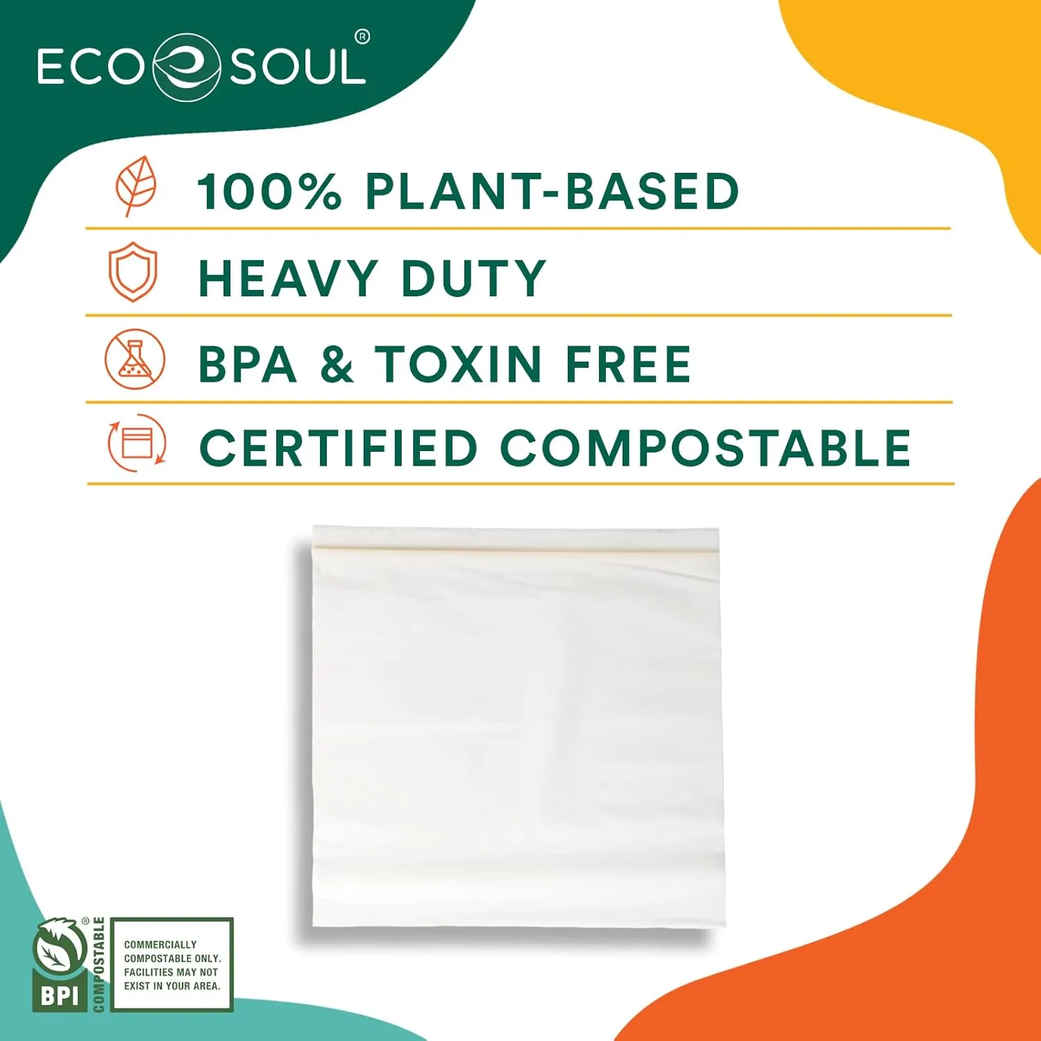 ECO SOUL 100% Compostable Sandwich Bags [100 Counts][7.25"x6"] Resealable Bags for Food, Freezer, Eco-friendly Zip, Reusable Biodegradable
