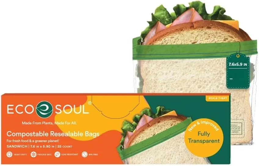 ECO SOUL 100% Compostable Sandwich Bags [50 Counts][7.25"x6"] Resealable Bags for Food, Freezer, Eco-friendly Zip, Reusable Biodegradable