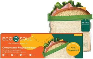 ECO SOUL 100% Compostable Sandwich Bags [50 Counts][7.25"x6"] Resealable Bags for Food, Freezer, Eco-friendly Zip, Reusable Biodegradable
