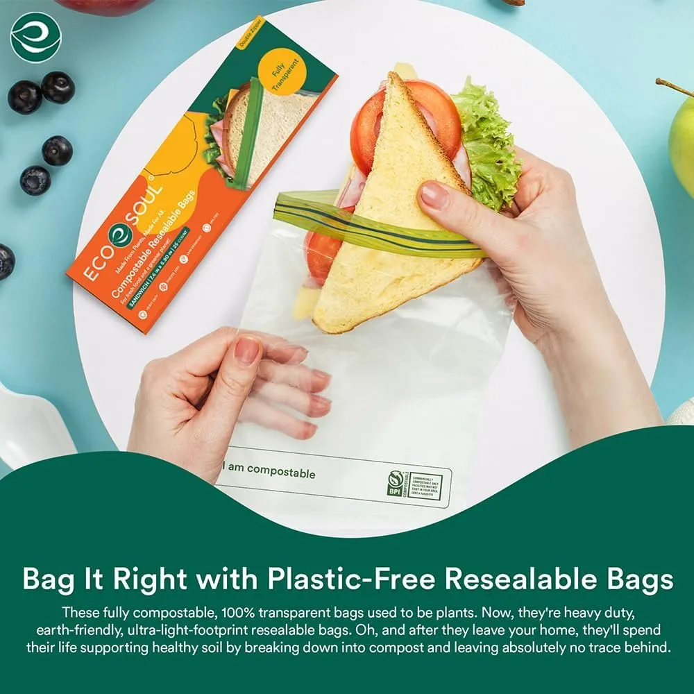 ECO SOUL 100% Compostable Sandwich Bags [50 Counts][7.25"x6"] Resealable Bags for Food, Freezer, Eco-friendly Zip, Reusable Biodegradable