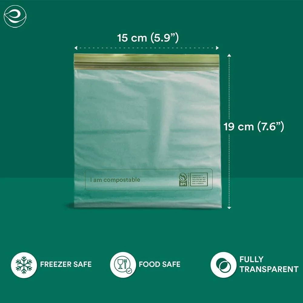 ECO SOUL 100% Compostable Sandwich Bags [50 Counts][7.25"x6"] Resealable Bags for Food, Freezer, Eco-friendly Zip, Reusable Biodegradable
