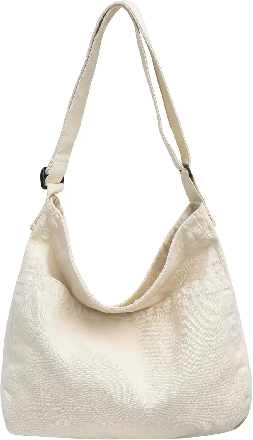 Economical Cotton Canvas Tote Bag,Women Hobo Shoulder Bag Crossbody Handbag with 3 External Pocket,Zipper Closure