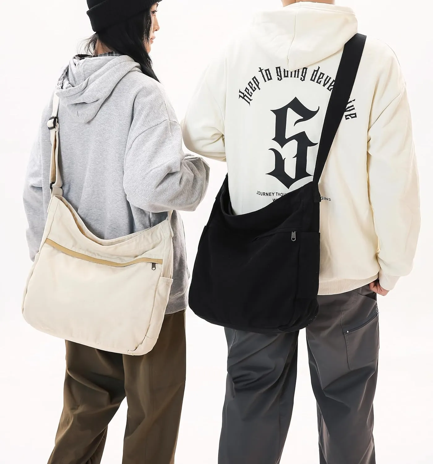 Economical Cotton Canvas Tote Bag,Women Hobo Shoulder Bag Crossbody Handbag with 3 External Pocket,Zipper Closure