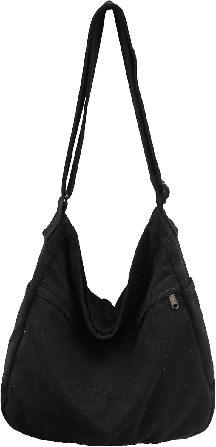 Economical Cotton Canvas Tote Bag,Women Hobo Shoulder Bag Crossbody Handbag with 3 External Pocket,Zipper Closure