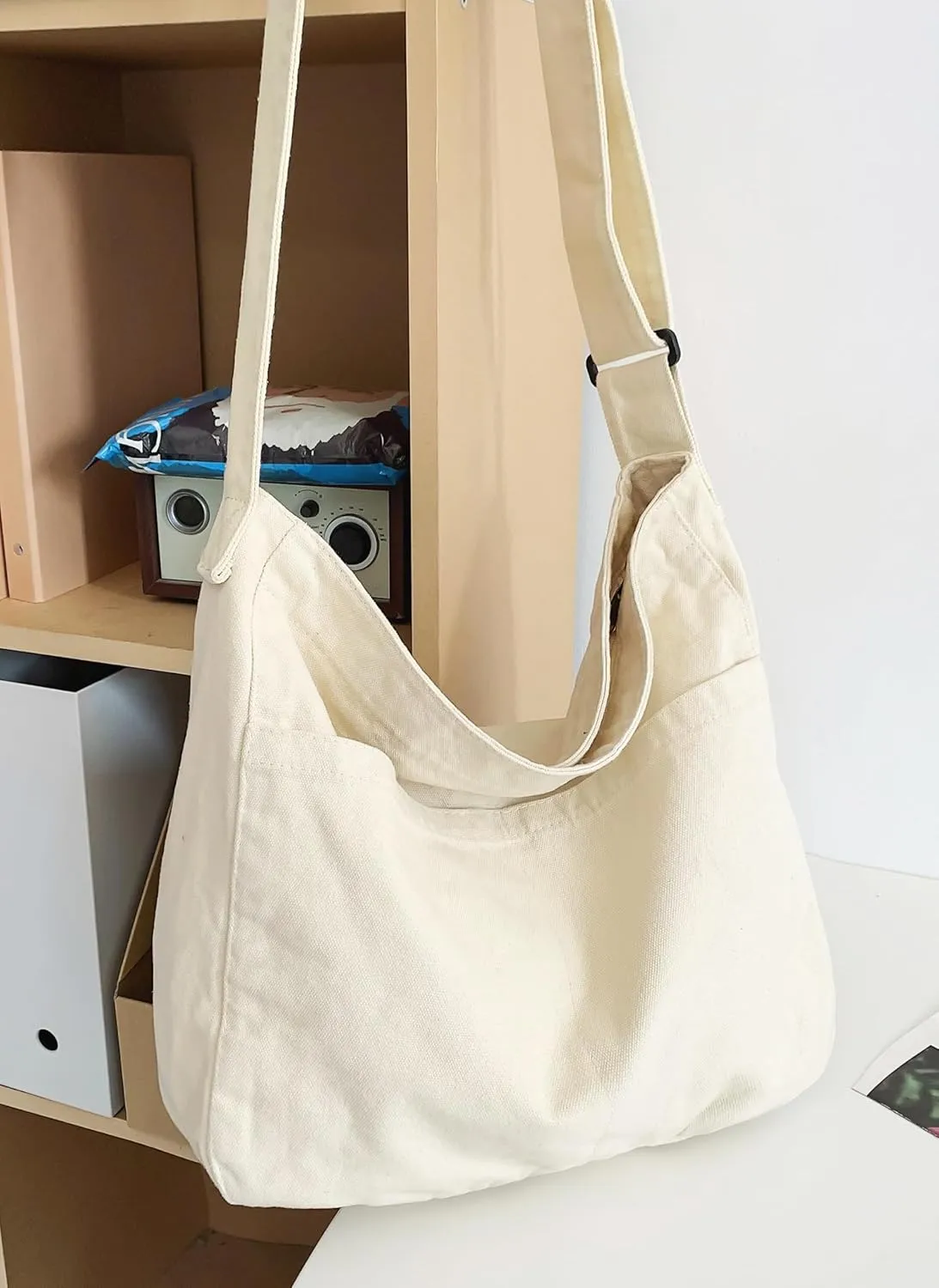 Economical Cotton Canvas Tote Bag,Women Hobo Shoulder Bag Crossbody Handbag with 3 External Pocket,Zipper Closure