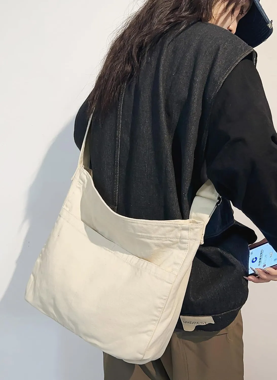 Economical Cotton Canvas Tote Bag,Women Hobo Shoulder Bag Crossbody Handbag with 3 External Pocket,Zipper Closure