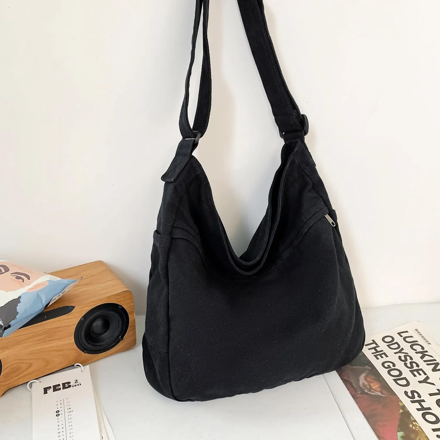 Economical Cotton Canvas Tote Bag,Women Hobo Shoulder Bag Crossbody Handbag with 3 External Pocket,Zipper Closure