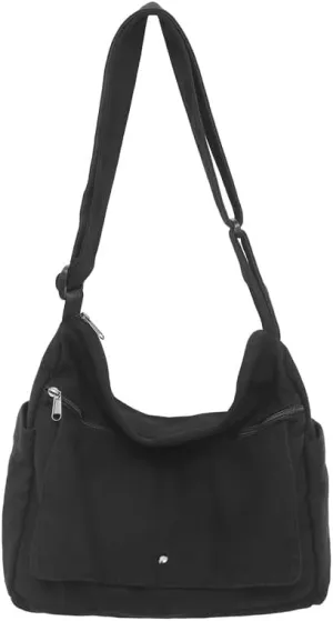 Economical Cotton Canvas Tote Bag,Women Hobo Shoulder Bag Crossbody Handbag with 3 External Pocket,Zipper Closure
