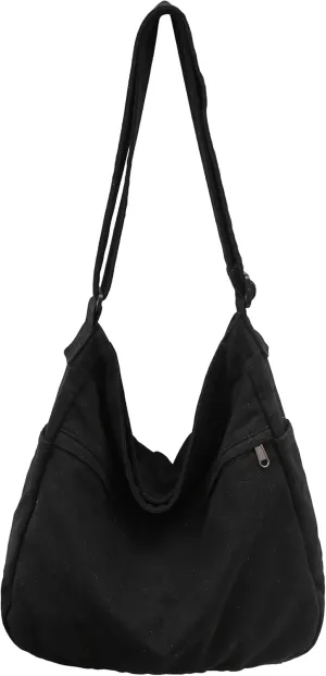 Economical Cotton Canvas Tote Bag,Women Hobo Shoulder Bag Crossbody Handbag with 3 External Pocket,Zipper Closure