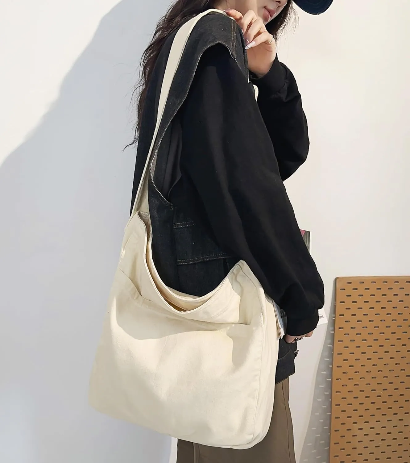 Economical Cotton Canvas Tote Bag,Women Hobo Shoulder Bag Crossbody Handbag with 3 External Pocket,Zipper Closure