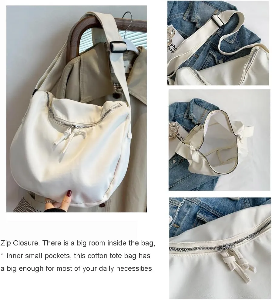 Economical Cotton Canvas Tote Bag,Women Hobo Shoulder Bag Crossbody Handbag with 3 External Pocket,Zipper Closure