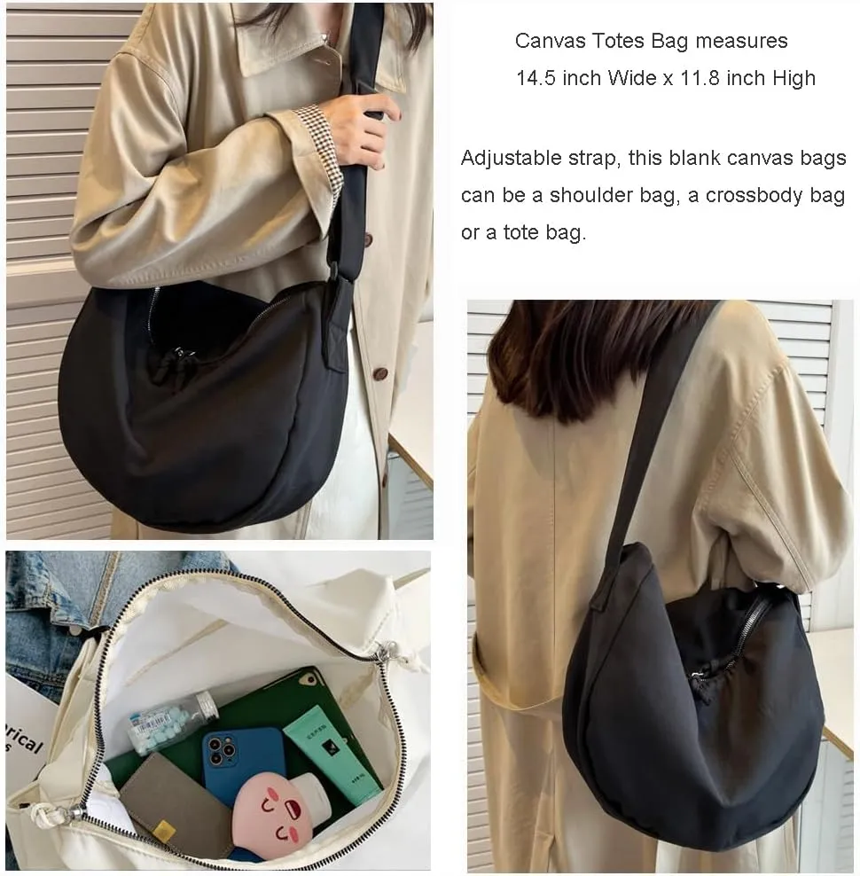 Economical Cotton Canvas Tote Bag,Women Hobo Shoulder Bag Crossbody Handbag with 3 External Pocket,Zipper Closure