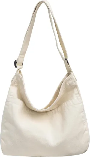 Economical Cotton Canvas Tote Bag,Women Hobo Shoulder Bag Crossbody Handbag with 3 External Pocket,Zipper Closure