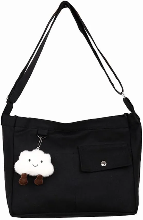 Economical Cotton Canvas Tote Bag,Women Hobo Shoulder Bag Crossbody Handbag with 3 External Pocket,Zipper Closure