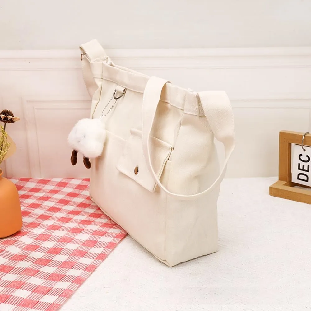 Economical Cotton Canvas Tote Bag,Women Hobo Shoulder Bag Crossbody Handbag with 3 External Pocket,Zipper Closure