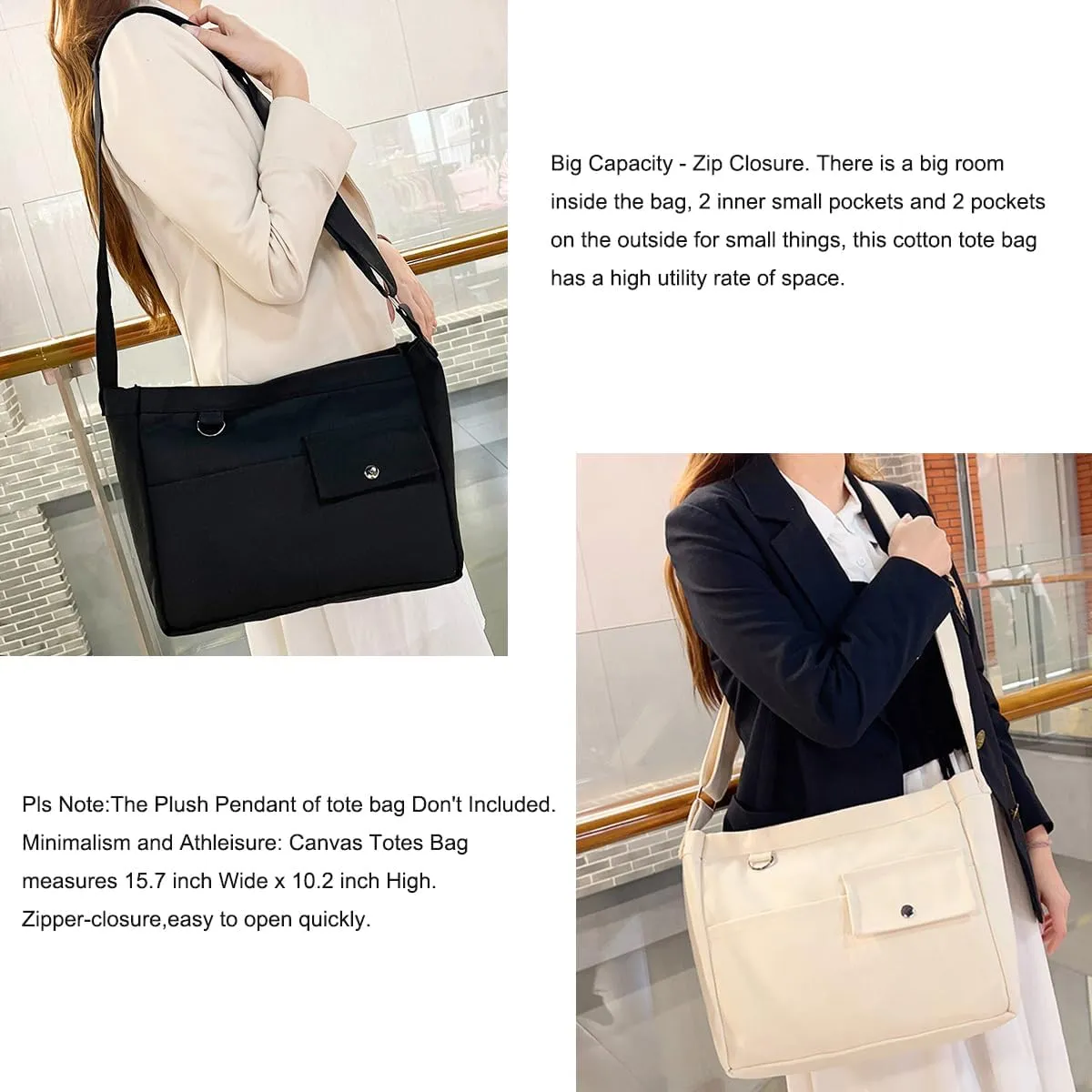 Economical Cotton Canvas Tote Bag,Women Hobo Shoulder Bag Crossbody Handbag with 3 External Pocket,Zipper Closure