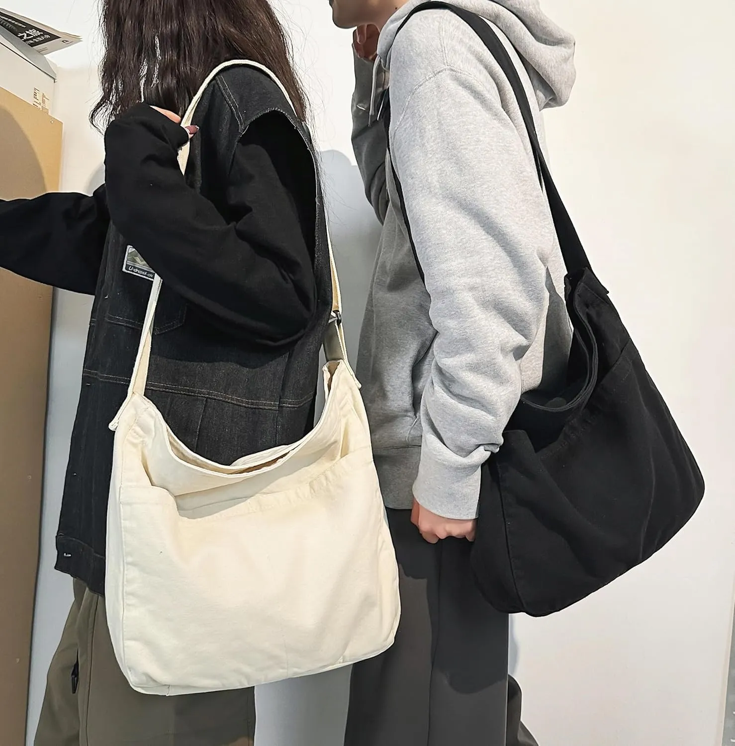 Economical Cotton Canvas Tote Bag,Women Hobo Shoulder Bag Crossbody Handbag with 3 External Pocket,Zipper Closure