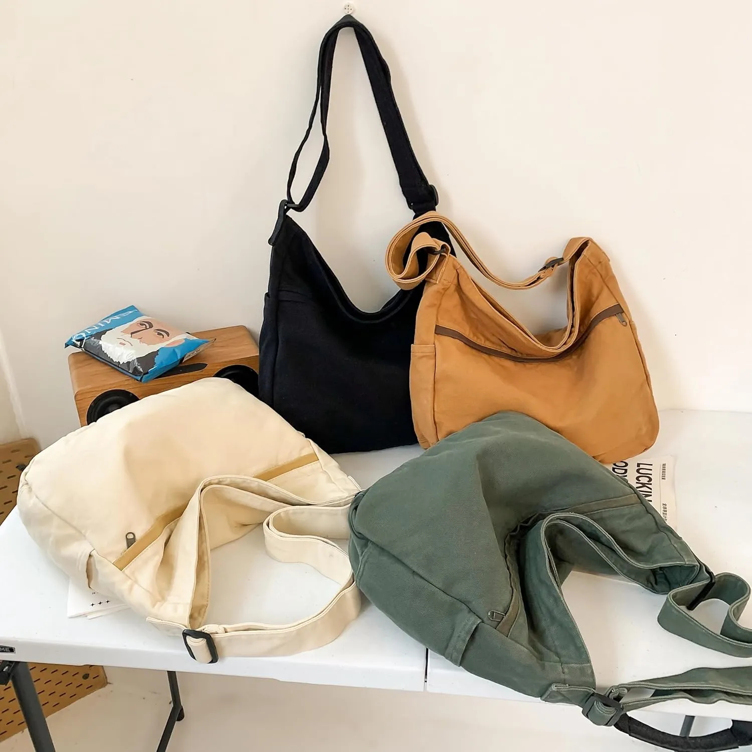 Economical Cotton Canvas Tote Bag,Women Hobo Shoulder Bag Crossbody Handbag with 3 External Pocket,Zipper Closure