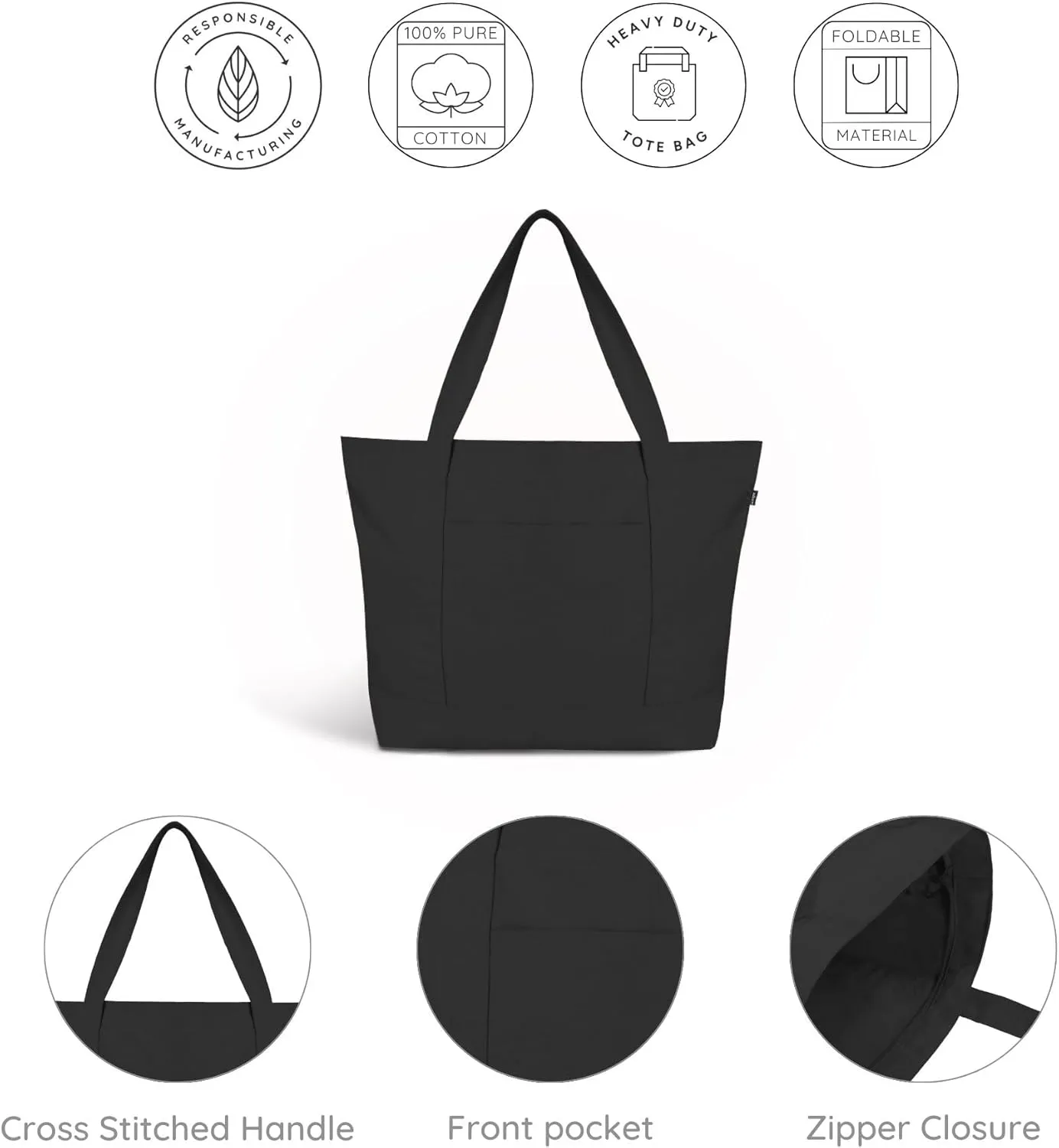 Ecoright Canvas Tote Bag for Women with Zip & Inner Pocket, 100% Organic Cotton Tote Bags for Men, Shopping, Beach