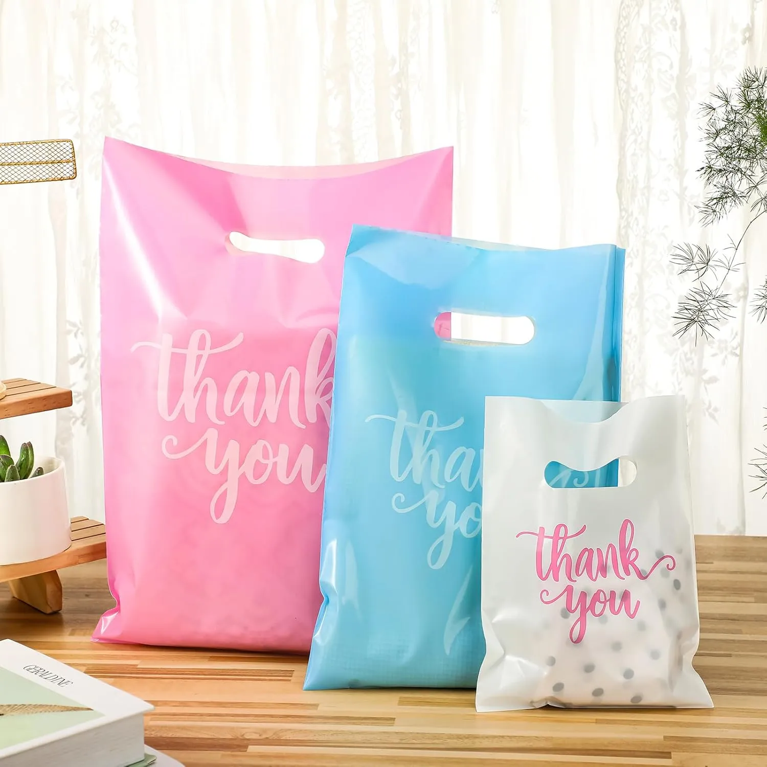 Eersida 200 Pcs Thank You Plastic Bags with Handles Die Cut Plastic Shopping Merchandise Bags Bulk 3 Sizes Retail Grocery Shopping Pack for Small Business Goodie Wedding Party(White, Blue, Pink)