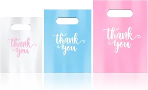 Eersida 200 Pcs Thank You Plastic Bags with Handles Die Cut Plastic Shopping Merchandise Bags Bulk 3 Sizes Retail Grocery Shopping Pack for Small Business Goodie Wedding Party(White, Blue, Pink)