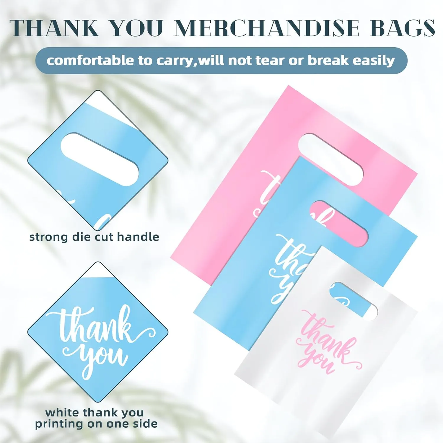 Eersida 200 Pcs Thank You Plastic Bags with Handles Die Cut Plastic Shopping Merchandise Bags Bulk 3 Sizes Retail Grocery Shopping Pack for Small Business Goodie Wedding Party(White, Blue, Pink)