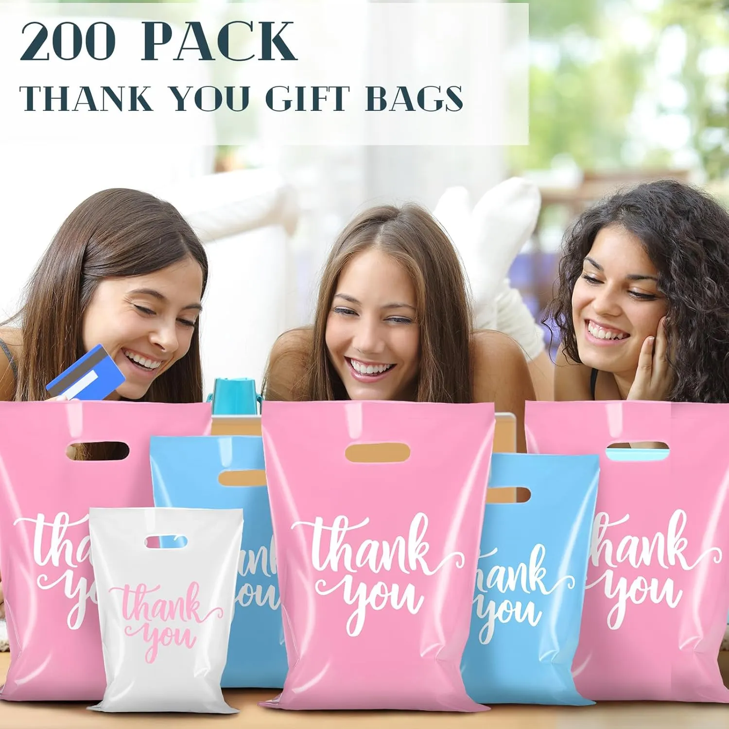 Eersida 200 Pcs Thank You Plastic Bags with Handles Die Cut Plastic Shopping Merchandise Bags Bulk 3 Sizes Retail Grocery Shopping Pack for Small Business Goodie Wedding Party(White, Blue, Pink)