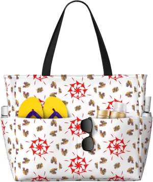 Eight-way rotation Print 28L Large Beach Tote Bag, 7 Pockets Waterproof Travel Shoulder Bag, Gym Oversized Tote