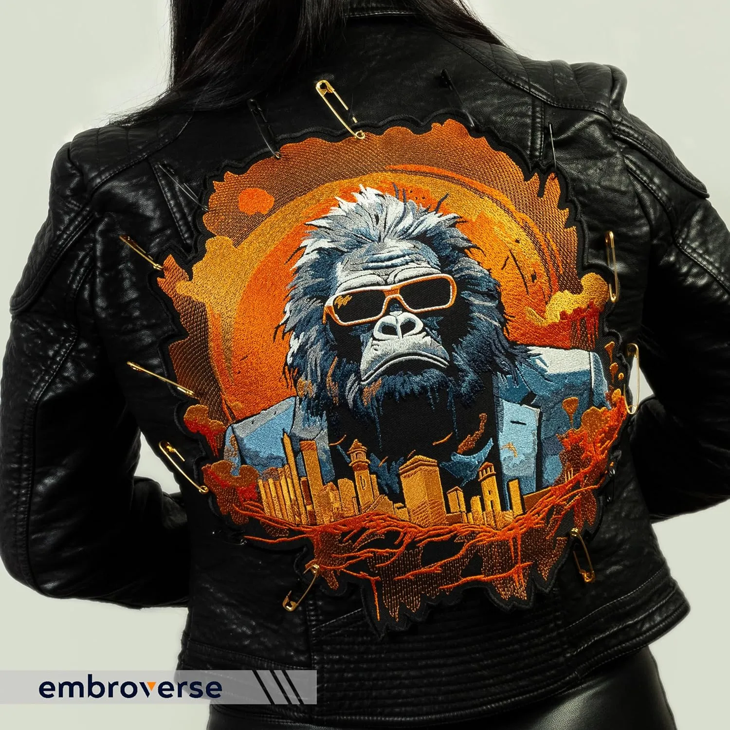EMBROVERSE Urban Gorilla Boss Embroidered Large Patch - Luxury Cool Ape Cityscape Backdrop Street Style Iron-On Back Jacket Accessory, 8.9 x 10 inches