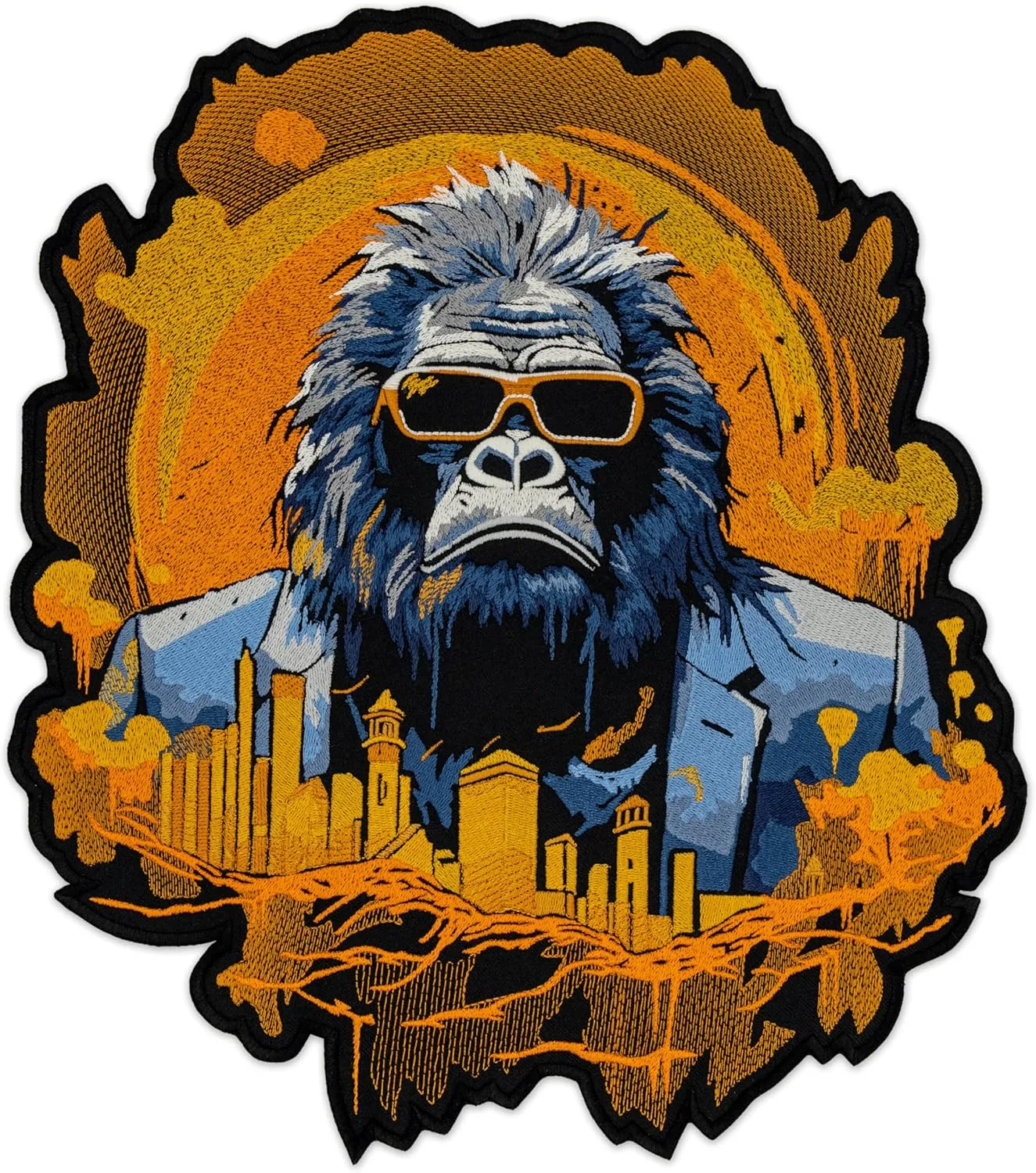 EMBROVERSE Urban Gorilla Boss Embroidered Large Patch - Luxury Cool Ape Cityscape Backdrop Street Style Iron-On Back Jacket Accessory, 8.9 x 10 inches
