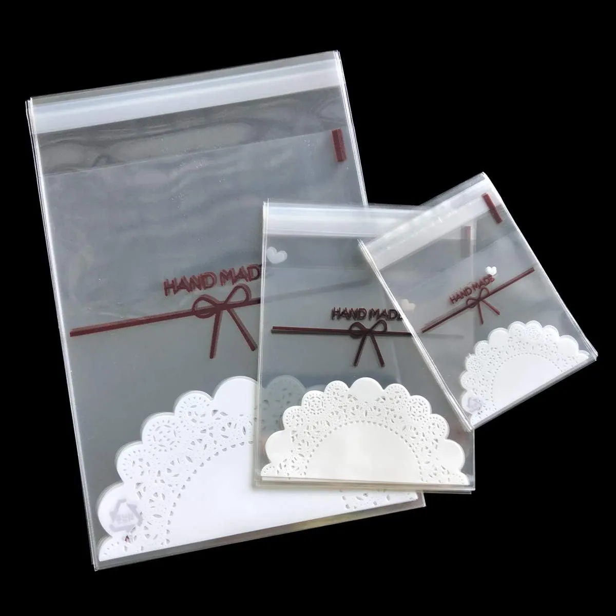Enenes Self Adhesive Bag 300 PCS Cute Treat Bags Flat Goody Bag with Doily Pattern Party Favor Bags for Handmade Candies and Gummies (3 Size)