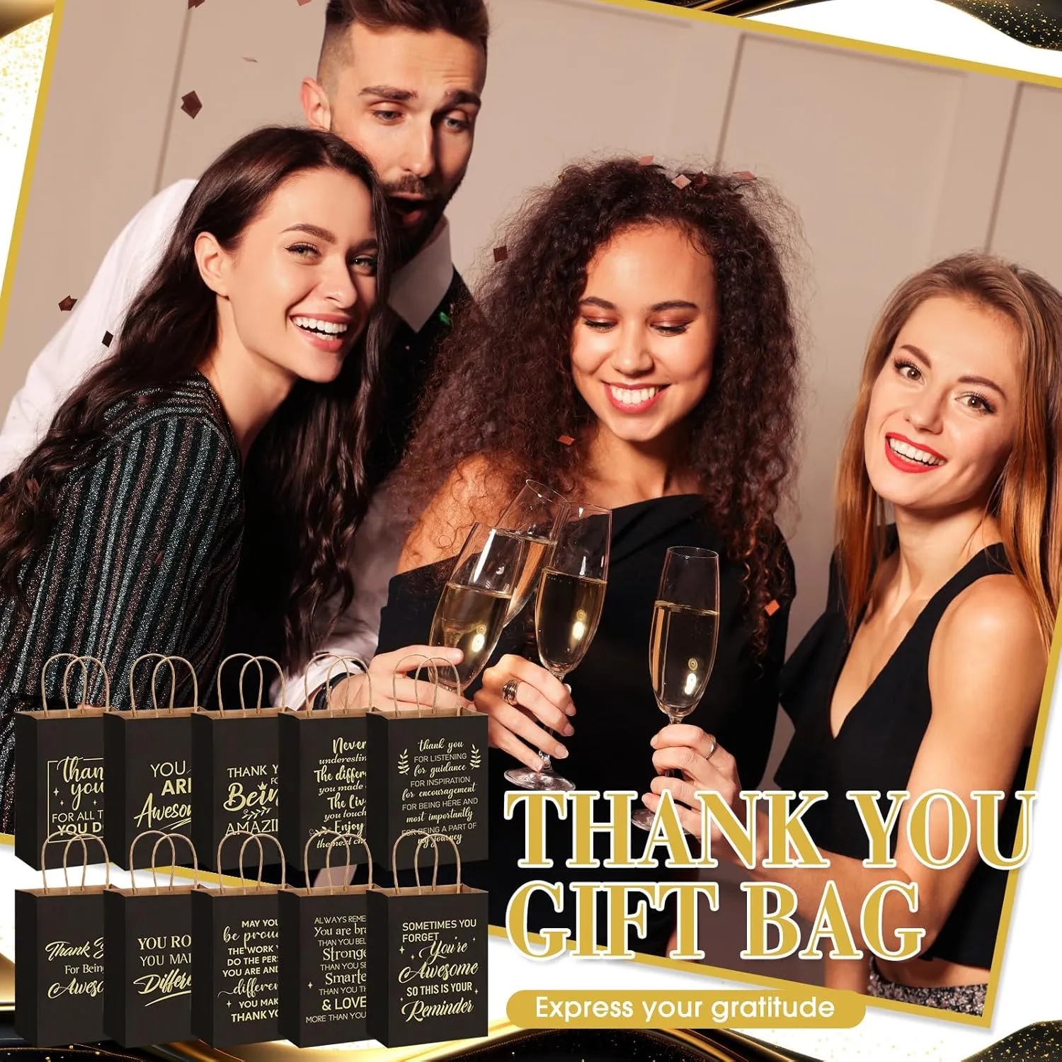 Engrowtic 100 Pcs Employee Appreciation Gift Bags Bulk Thank You Gifts Small Kraft Party Favor Paper Bags with Handles for Women Team Staff Coworker Teacher, 8.3 x 3.1 x 6(Black)