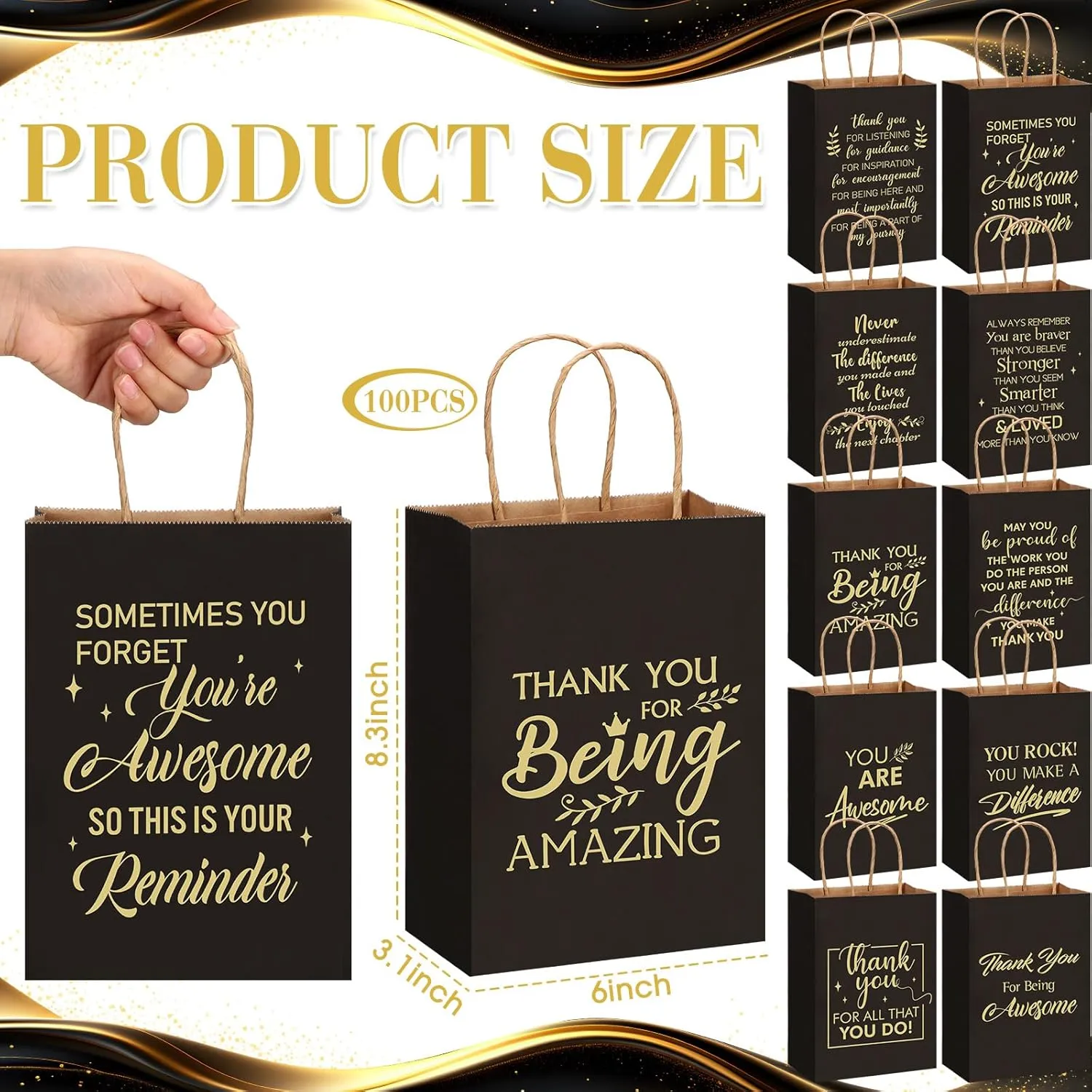 Engrowtic 100 Pcs Employee Appreciation Gift Bags Bulk Thank You Gifts Small Kraft Party Favor Paper Bags with Handles for Women Team Staff Coworker Teacher, 8.3 x 3.1 x 6(Black)