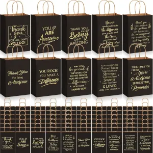 Engrowtic 100 Pcs Employee Appreciation Gift Bags Bulk Thank You Gifts Small Kraft Party Favor Paper Bags with Handles for Women Team Staff Coworker Teacher, 8.3 x 3.1 x 6(Black)