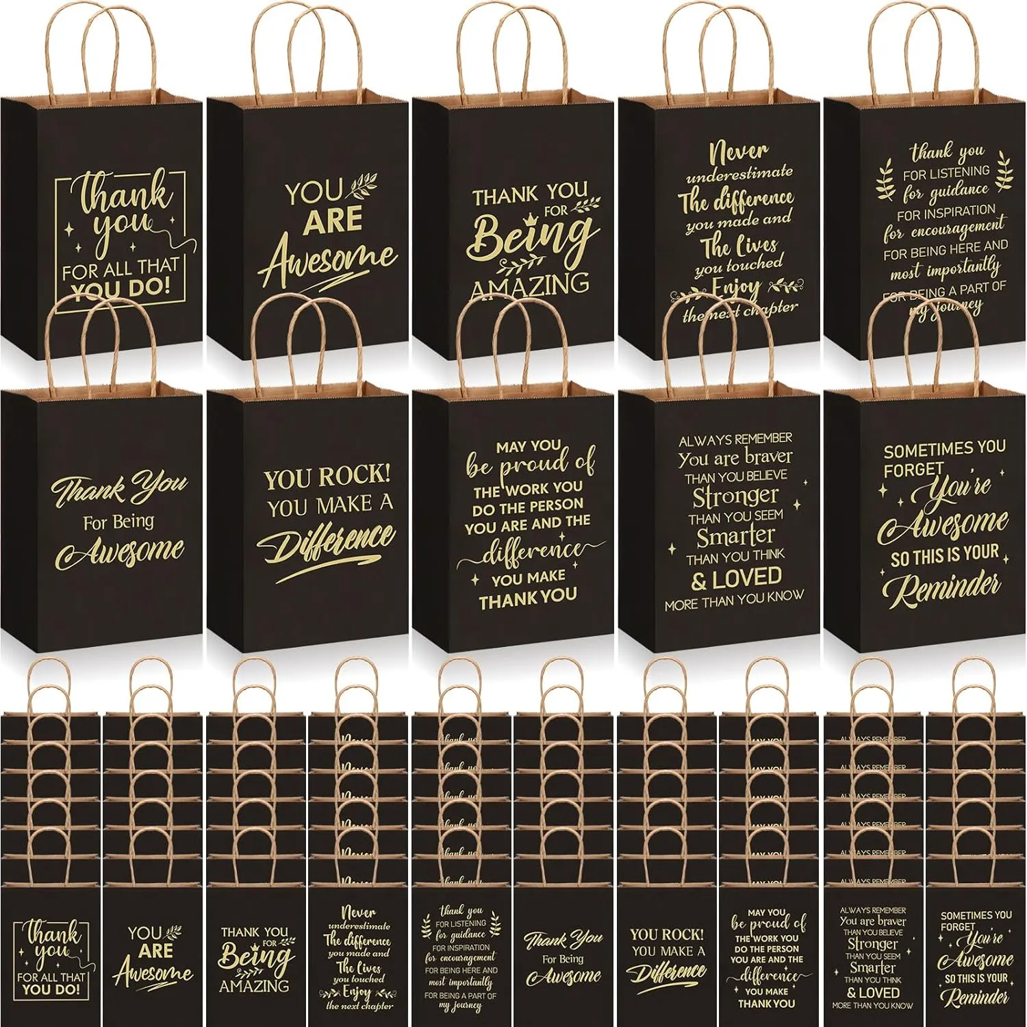 Engrowtic 100 Pcs Employee Appreciation Gift Bags Bulk Thank You Gifts Small Kraft Party Favor Paper Bags with Handles for Women Team Staff Coworker Teacher, 8.3 x 3.1 x 6(Black)