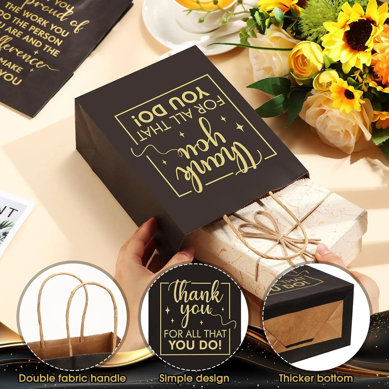 Engrowtic 100 Pcs Employee Appreciation Gift Bags Bulk Thank You Gifts Small Kraft Party Favor Paper Bags with Handles for Women Team Staff Coworker Teacher, 8.3 x 3.1 x 6(Black)