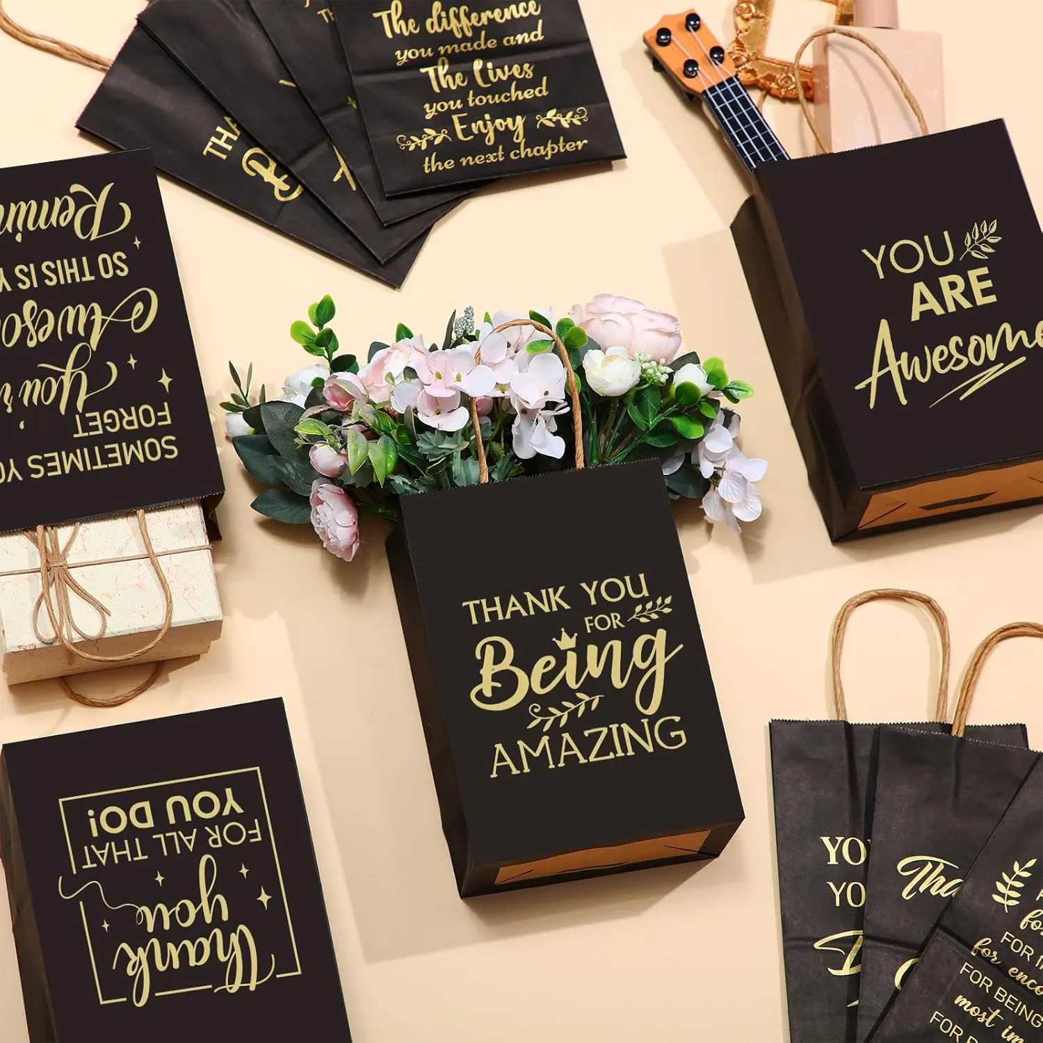 Engrowtic 100 Pcs Employee Appreciation Gift Bags Bulk Thank You Gifts Small Kraft Party Favor Paper Bags with Handles for Women Team Staff Coworker Teacher, 8.3 x 3.1 x 6(Black)