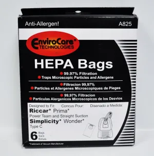 EnviroCare Replacement HEPA Filtration Vacuum Cleaner bags made to fit Riccar Prima and Simplicity Wonder Type C Canisters with Green Collar System 6 bags