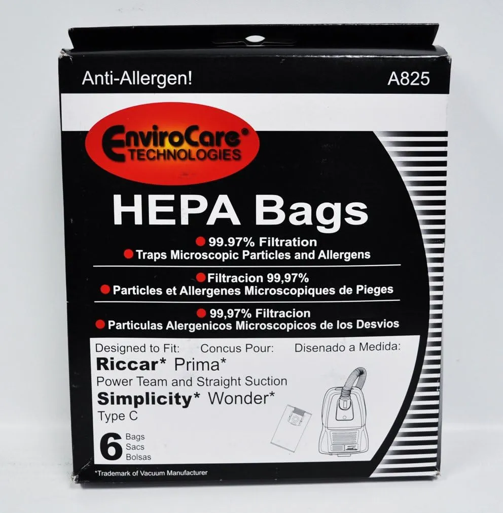 EnviroCare Replacement HEPA Filtration Vacuum Cleaner bags made to fit Riccar Prima and Simplicity Wonder Type C Canisters with Green Collar System 6 bags