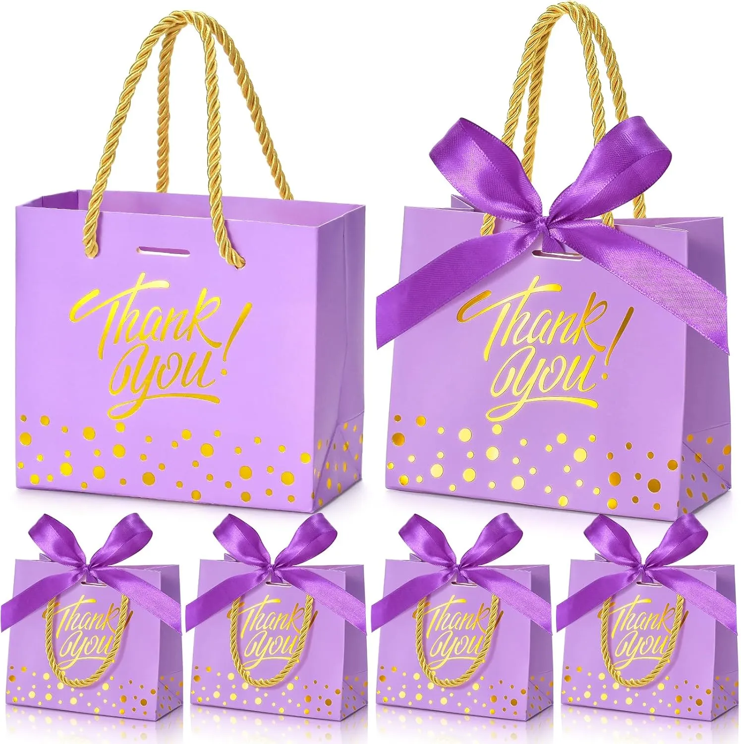 EQOREIIN Small Thank You Gift Bags 50pcs 5.5x2.5x4.7 Inches Small Gift Bags with Handles Bow Ribbon Purple Paper Bags for Party Favor, Mother's Day，Valentine's Day, Wedding, Baby Shower (Purple)