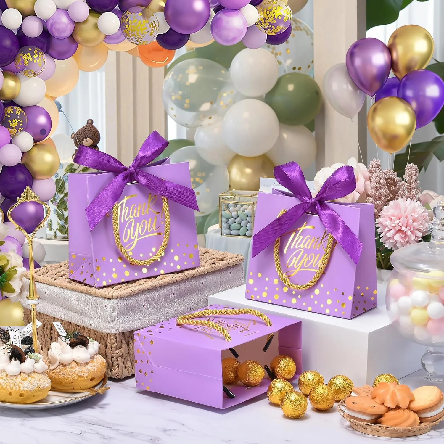 EQOREIIN Small Thank You Gift Bags 50pcs 5.5x2.5x4.7 Inches Small Gift Bags with Handles Bow Ribbon Purple Paper Bags for Party Favor, Mother's Day，Valentine's Day, Wedding, Baby Shower (Purple)