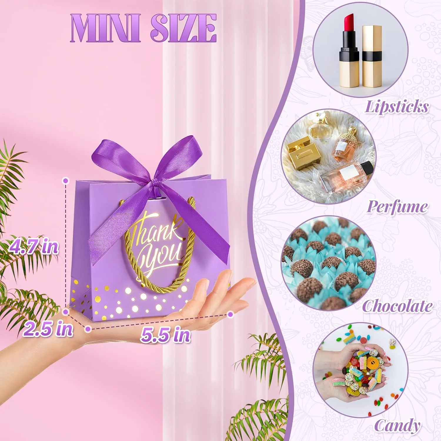 EQOREIIN Small Thank You Gift Bags 50pcs 5.5x2.5x4.7 Inches Small Gift Bags with Handles Bow Ribbon Purple Paper Bags for Party Favor, Mother's Day，Valentine's Day, Wedding, Baby Shower (Purple)