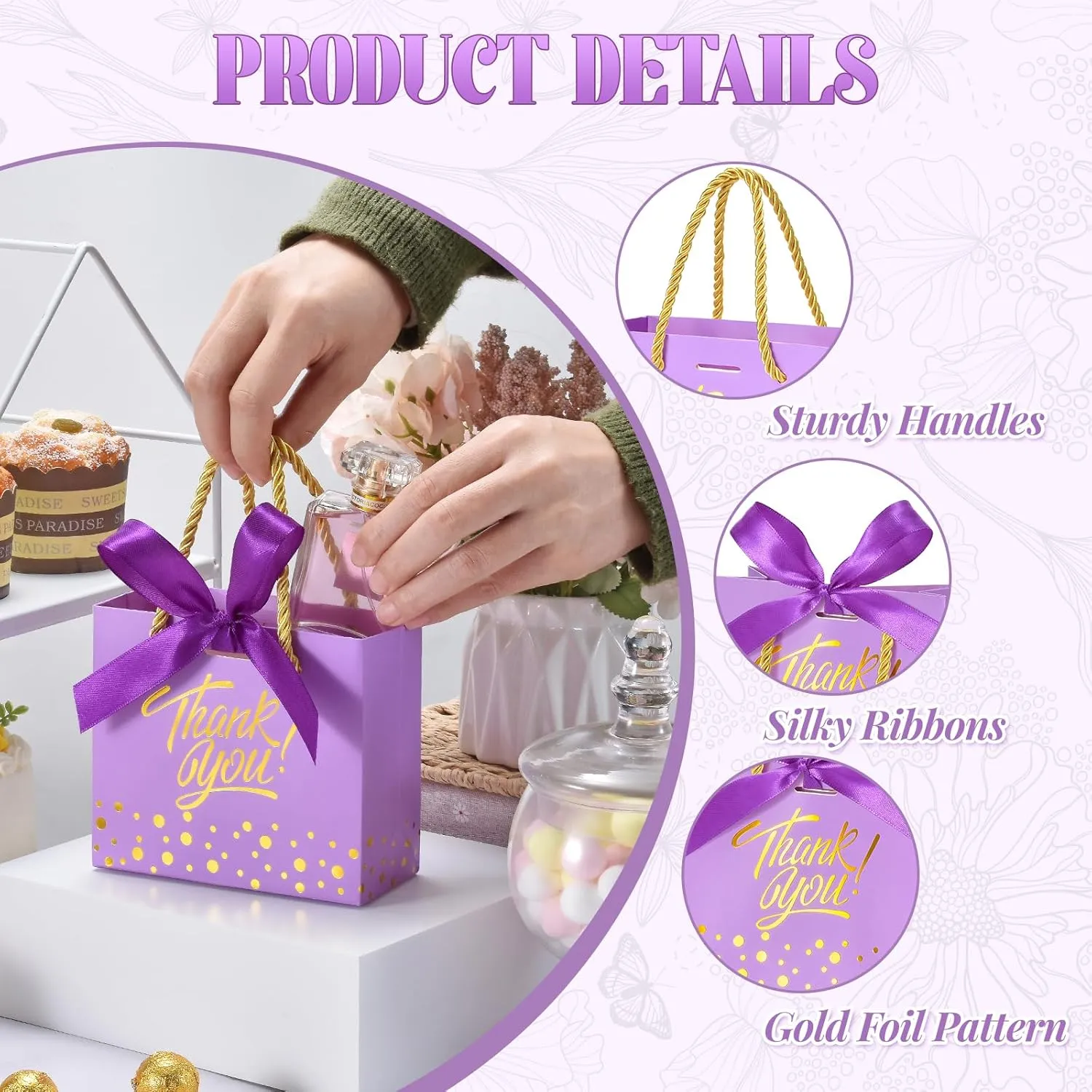 EQOREIIN Small Thank You Gift Bags 50pcs 5.5x2.5x4.7 Inches Small Gift Bags with Handles Bow Ribbon Purple Paper Bags for Party Favor, Mother's Day，Valentine's Day, Wedding, Baby Shower (Purple)