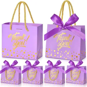 EQOREIIN Small Thank You Gift Bags 50pcs 5.5x2.5x4.7 Inches Small Gift Bags with Handles Bow Ribbon Purple Paper Bags for Party Favor, Mother's Day，Valentine's Day, Wedding, Baby Shower (Purple)