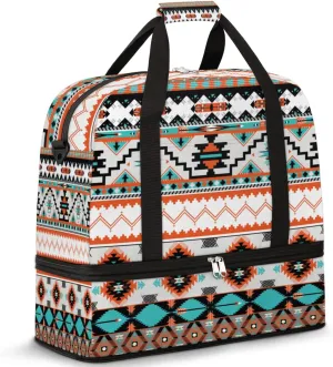 Ethnic Aztec Geometric Foldable Travel Duffel Bag Sports Tote Gym Bag With Shoe Compartment For Woman Man Carry On Luggage Overnight Travel Weekend Yoga Workout Bag Training Handbag