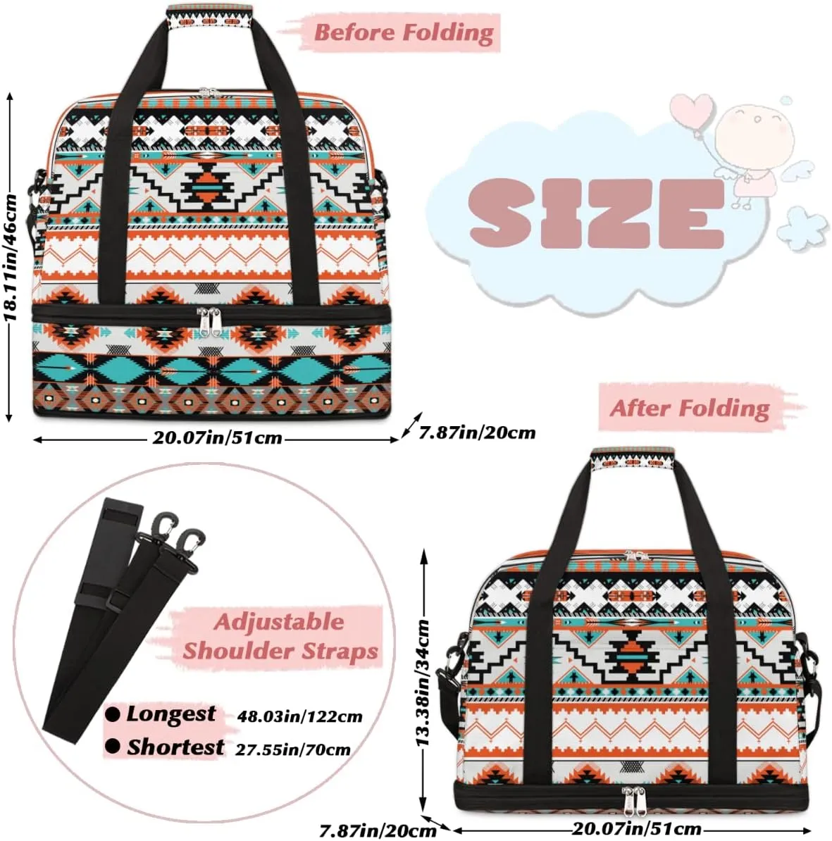 Ethnic Aztec Geometric Foldable Travel Duffel Bag Sports Tote Gym Bag With Shoe Compartment For Woman Man Carry On Luggage Overnight Travel Weekend Yoga Workout Bag Training Handbag