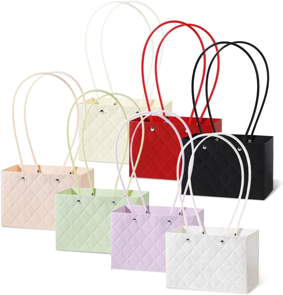 EUBUY Set of 7 Floral Bags, Gift Bags with Long Handles, Flower Wrapping Paper Bag Floral Boxes with Handle for Floral Arrangements and Presents Handbag