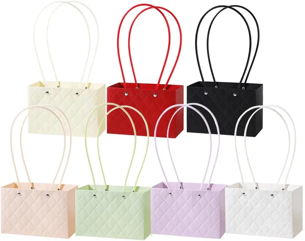EUBUY Set of 7 Floral Bags, Gift Bags with Long Handles, Flower Wrapping Paper Bag Floral Boxes with Handle for Floral Arrangements and Presents Handbag